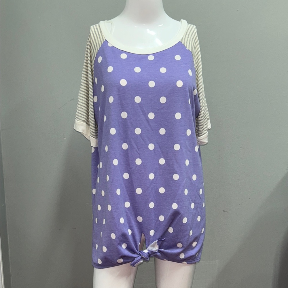 Purple Polka Dot Top with Striped Sleeves